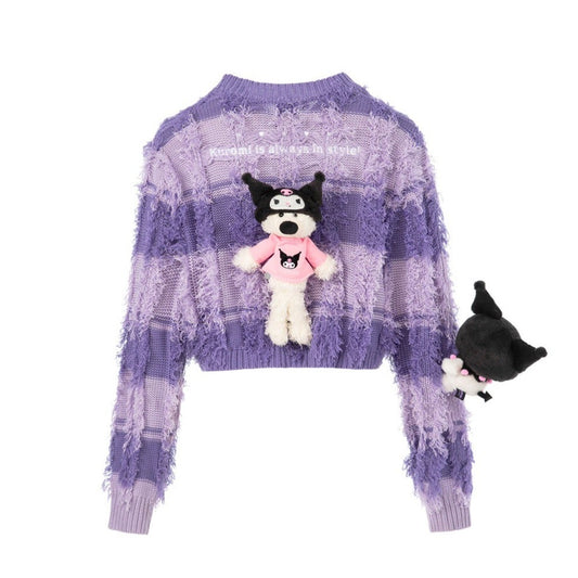 13DE MARZO Kuromi Bear Stripe Knit Cardigan Pastel Lilac