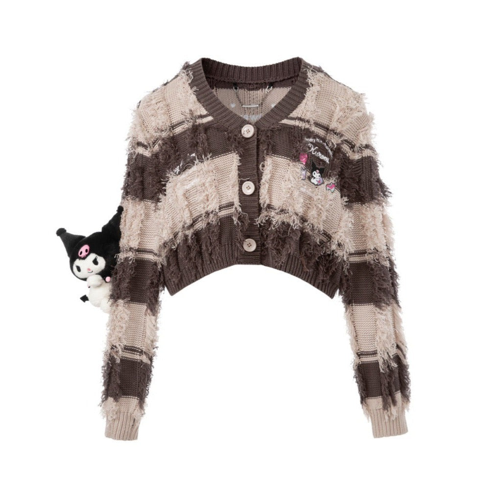 13DE MARZO Kuromi Bear Stripe Knit Cardigan Almond Peach