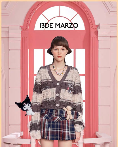 13DE MARZO Kuromi Bear Stripe Knit Cardigan Almond Peach