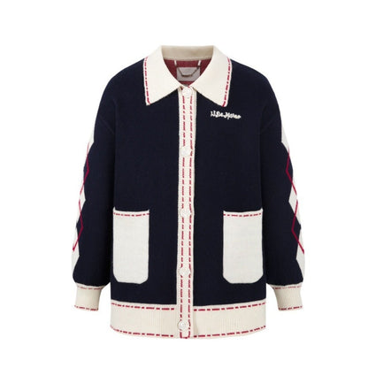 13DE MARZO Bear Lapel Nostalgic Campus Cardigan Beacon Blue