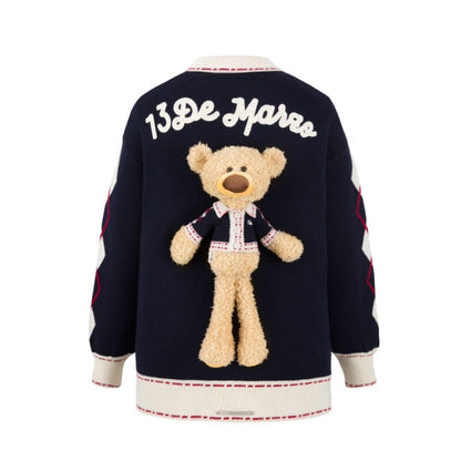 13DE MARZO Bear Lapel Nostalgic Campus Cardigan Beacon Blue