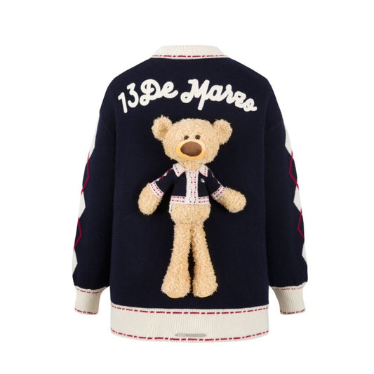 13DE MARZO Bear Lapel Nostalgic Campus Cardigan Beacon Blue