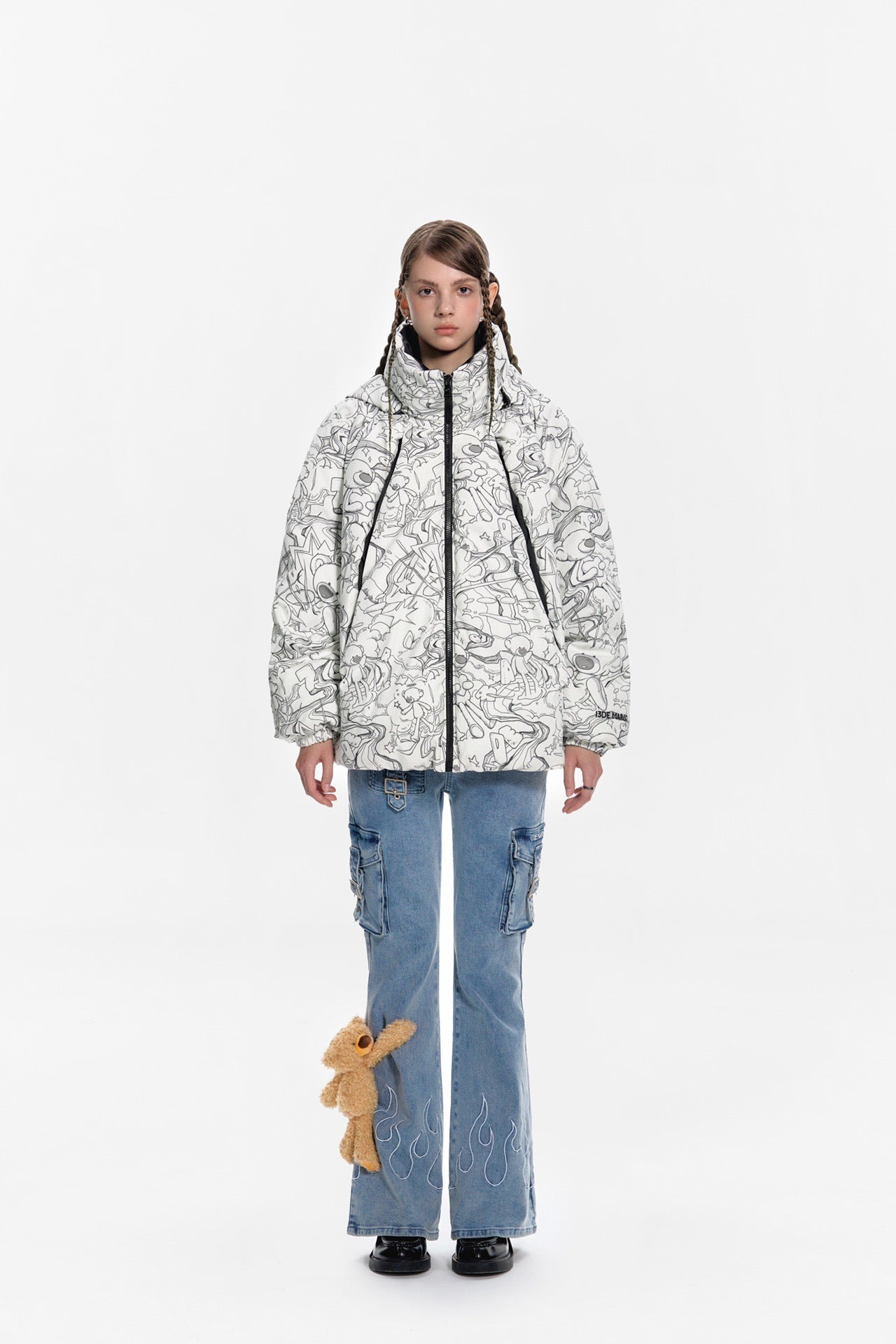 13DE MARZO Bear Laser Sketch Down Jacket Lucent White