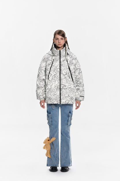 13DE MARZO Bear Laser Sketch Down Jacket Lucent White