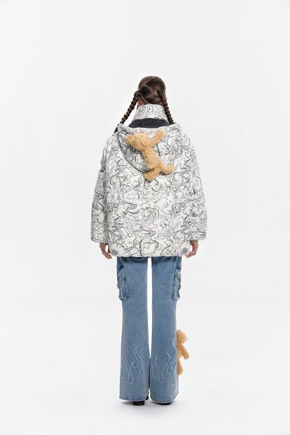 13DE MARZO Bear Laser Sketch Down Jacket Lucent White