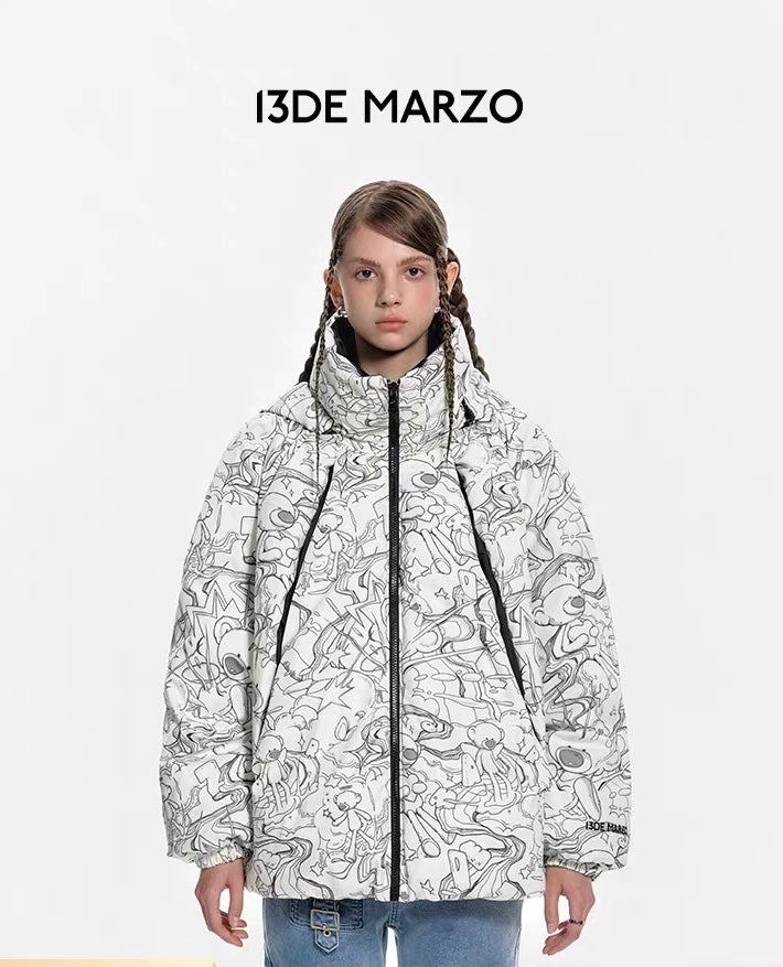 13DE MARZO Bear Laser Sketch Down Jacket Lucent White