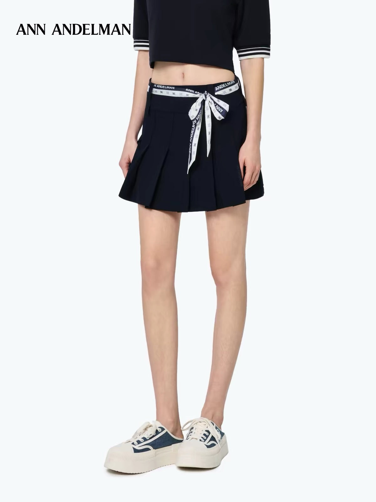 Ann Andelman Silk Scarf Tied Pleated Skirt Navy Blue