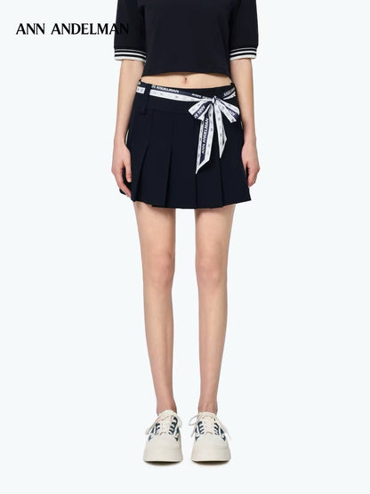 Ann Andelman Silk Scarf Tied Pleated Skirt Navy Blue