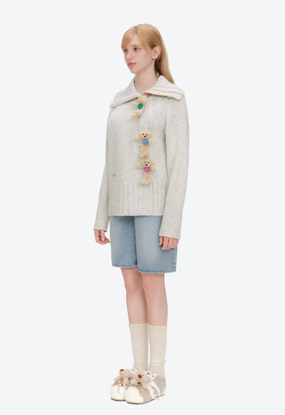 13DE MARZO Button Bear Slant Collar Sweater Colorful