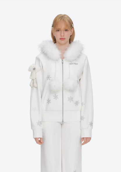 13DE MARZO Shimmer Snow Bear Zip Hoodie White