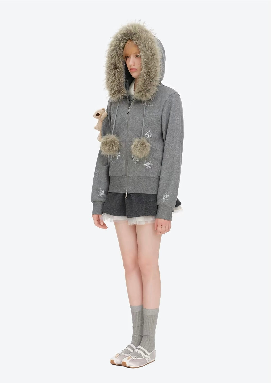 13DE MARZO Shimmer Snow Bear Zip Hoodie Grey