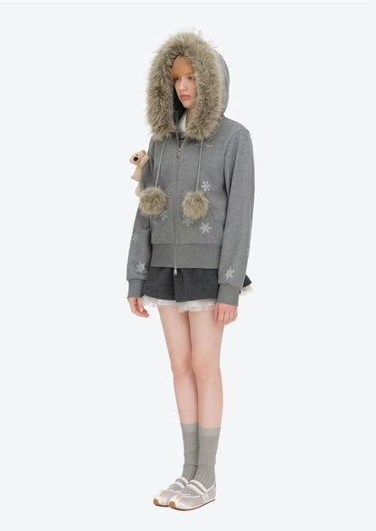 13DE MARZO Shimmer Snow Bear Zip Hoodie Grey