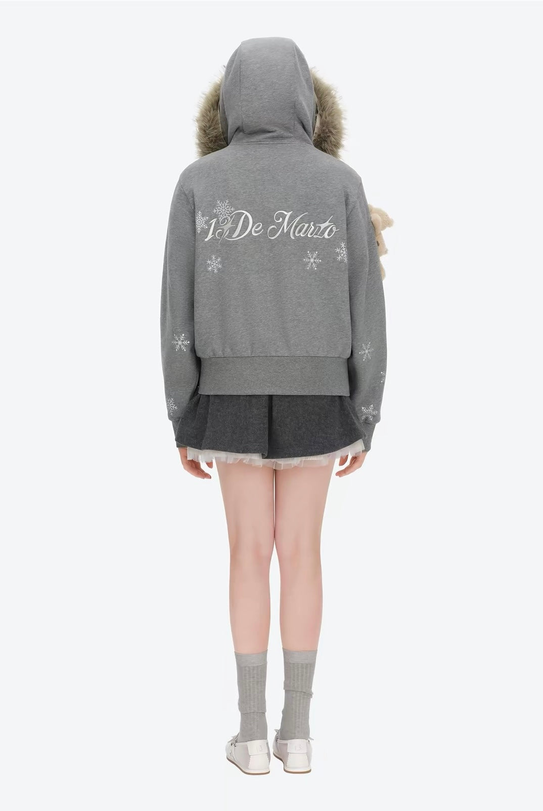 13DE MARZO Shimmer Snow Bear Zip Hoodie Grey