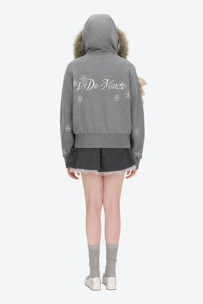 13DE MARZO Shimmer Snow Bear Zip Hoodie Grey