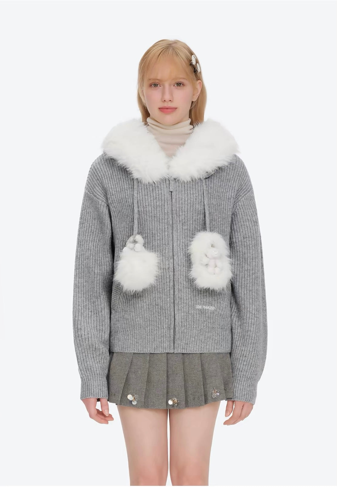13DE MARZO Pom-pom Bear Fur Collar Knit Jacket Grey