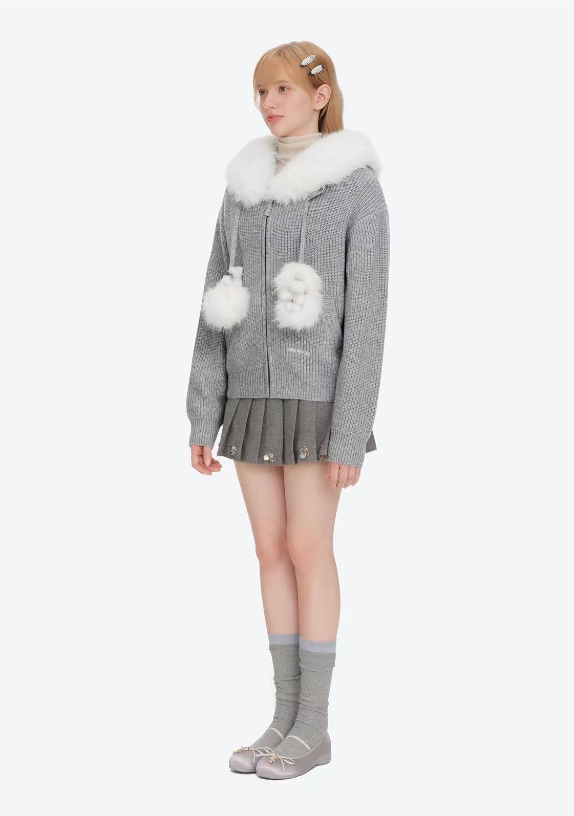 13DE MARZO Pom-pom Bear Fur Collar Knit Jacket Grey