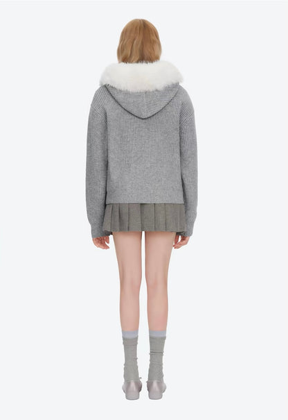 13DE MARZO Pom-pom Bear Fur Collar Knit Jacket Grey