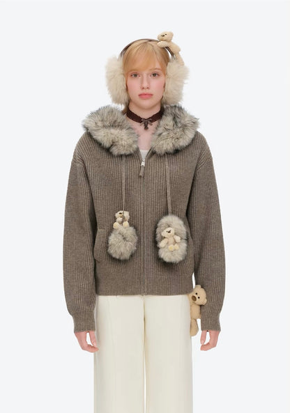 13DE MARZO Pom-pom Bear Fur Collar Knit Jacket Khaki
