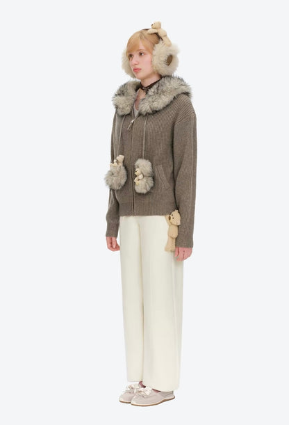 13DE MARZO Pom-pom Bear Fur Collar Knit Jacket Khaki