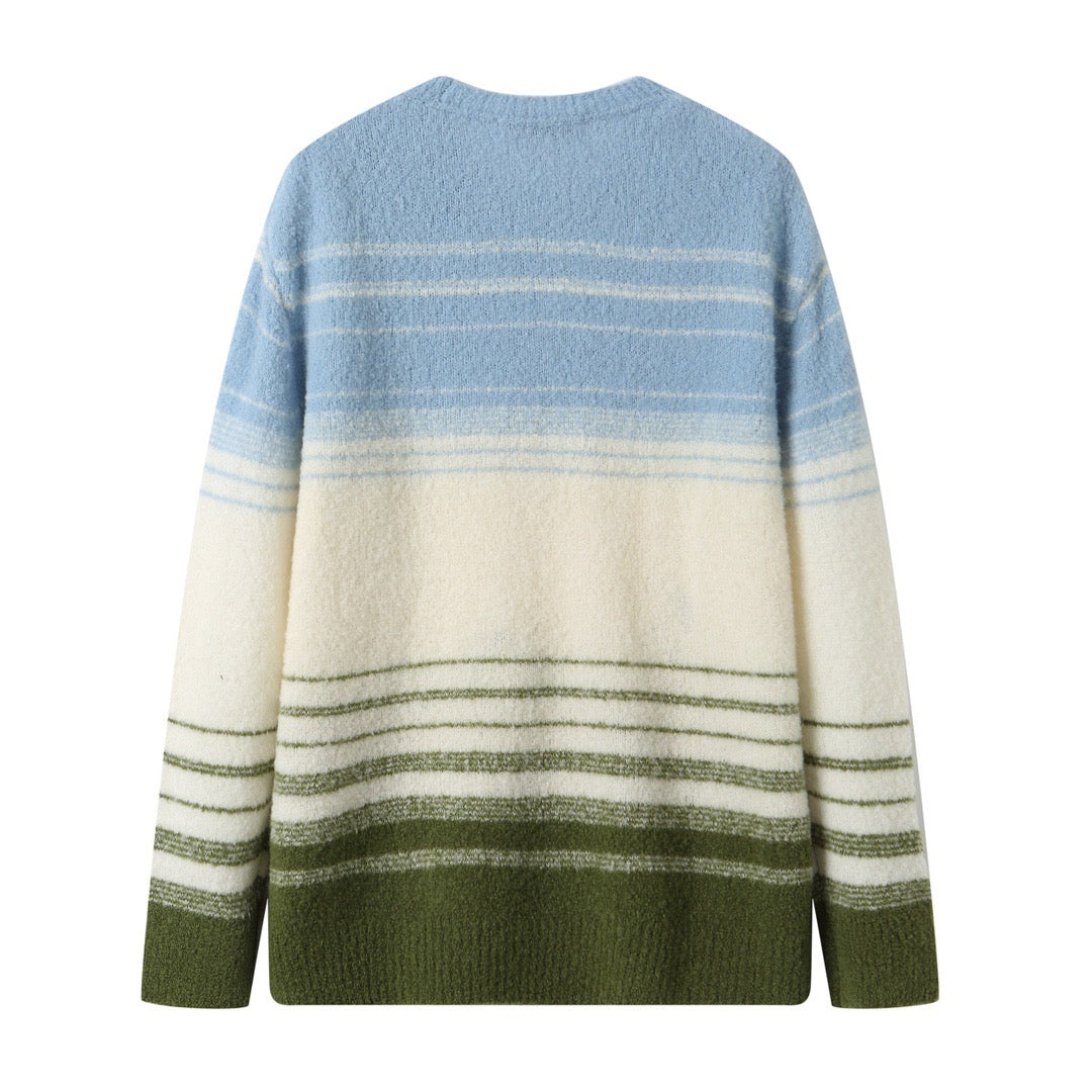 Andrea Martin Blue and Green Striped Shepherd's Patch Sweater