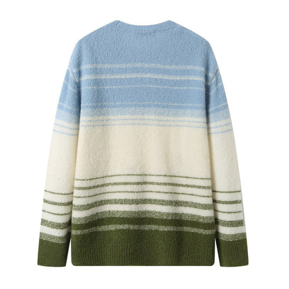 Andrea Martin Blue and Green Striped Shepherd's Patch Sweater