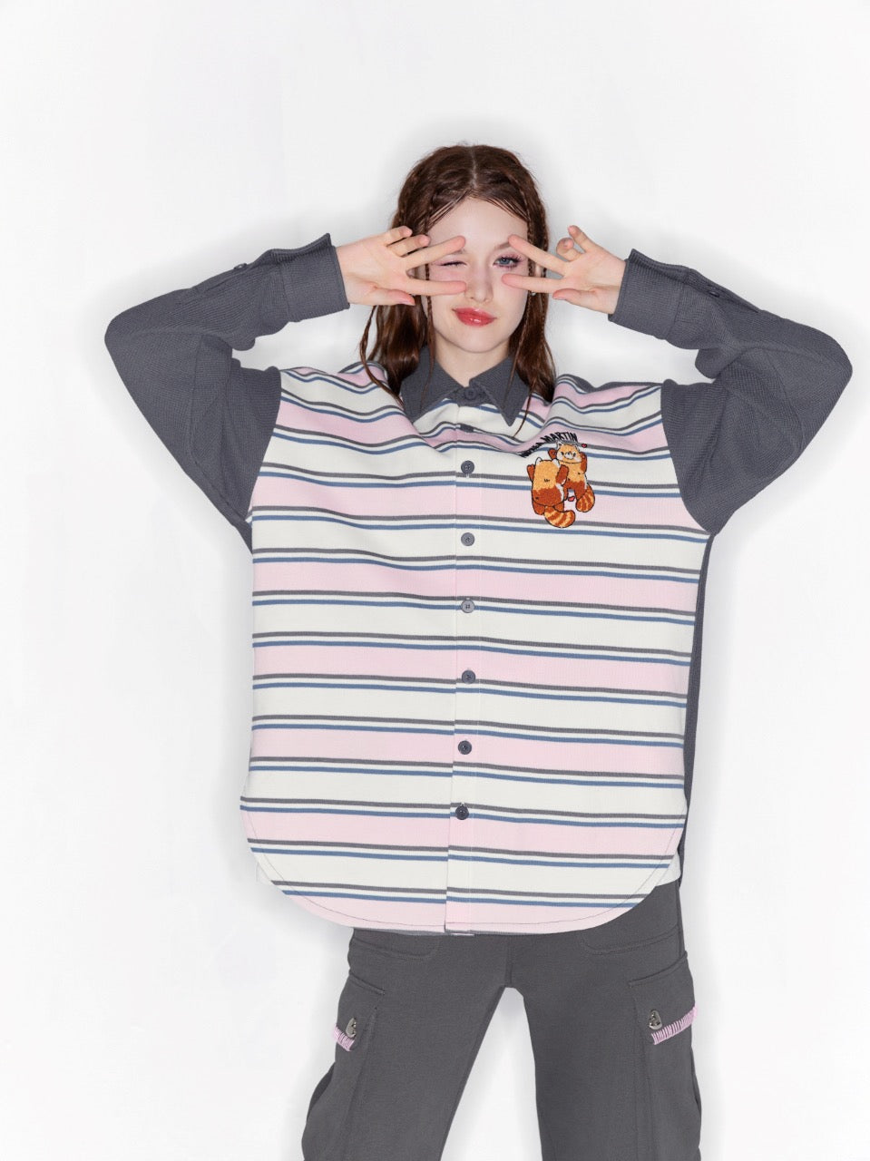 Andrea Martin Grey and Pink Red Panda Striped Patchwork Shirt