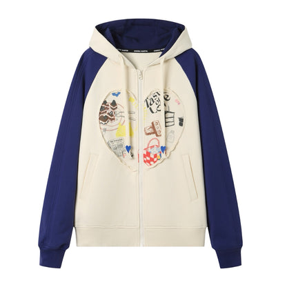 Andrea Martin Raw Edge Patchwork Heart Hoodie Blue