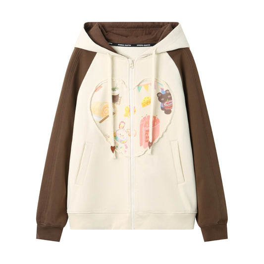 Andrea Martin Raw Edge Patchwork Heart Hoodie Brown