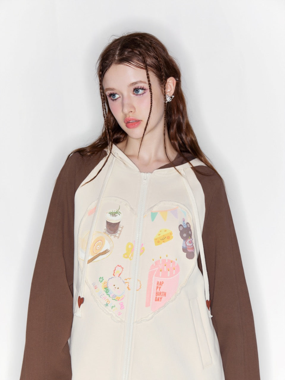 Andrea Martin Raw Edge Patchwork Heart Hoodie Brown