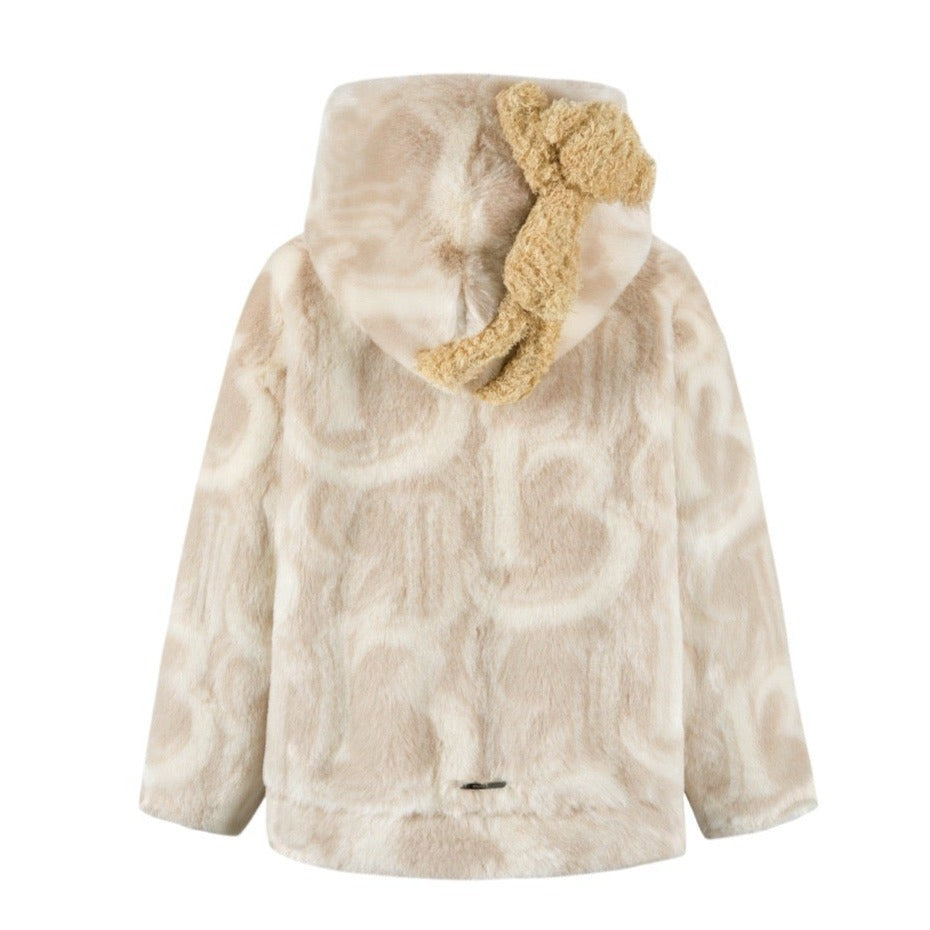 13DE MARZO Artificial Fur Logo Coat Antique White