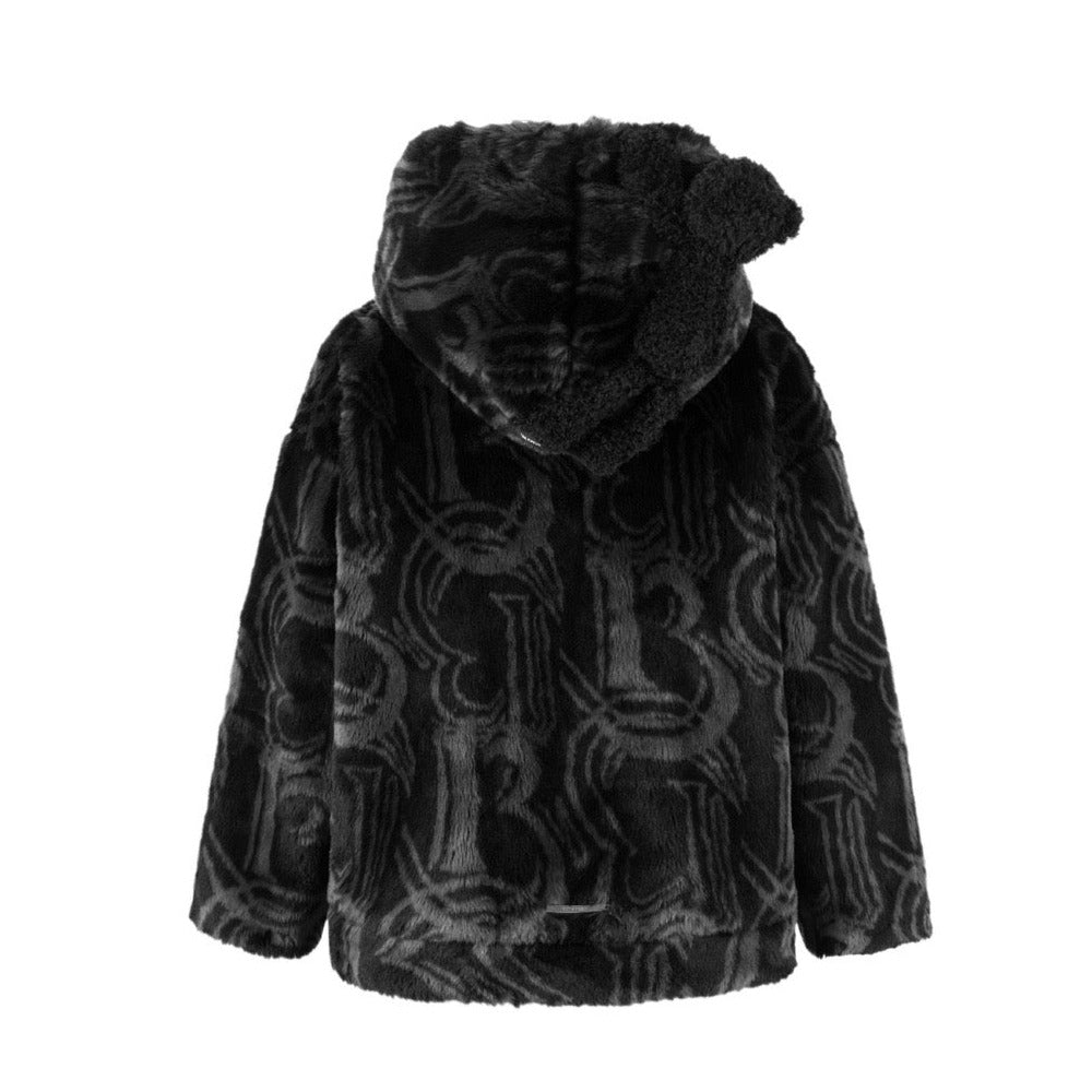 13DE MARZO Artificial Fur Logo Coat Black