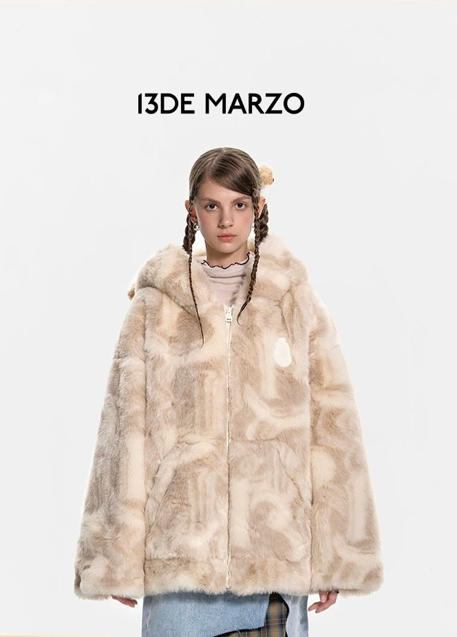 13DE MARZO Artificial Fur Logo Coat Antique White