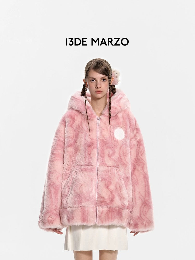 13DE MARZO Artificial Fur Logo Coat Primrose Pink
