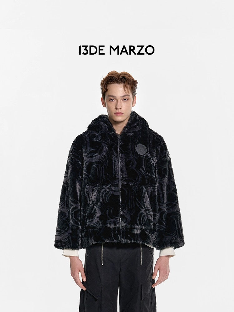 13DE MARZO Artificial Fur Logo Coat Black