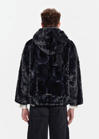 13DE MARZO Artificial Fur Logo Coat Black