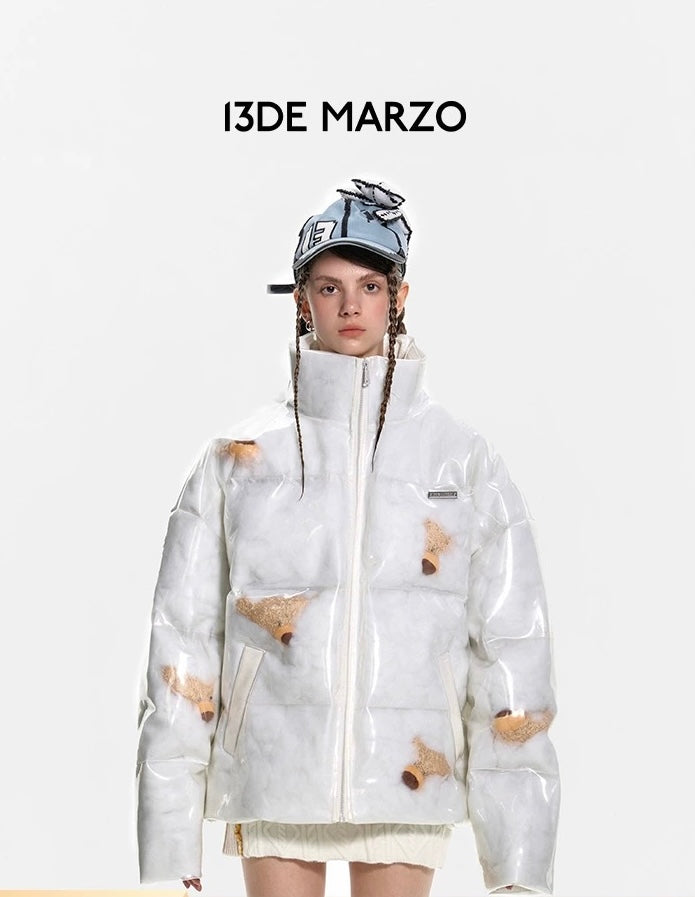 13DE MARZO Bear Icon Transparency Down Jacket White