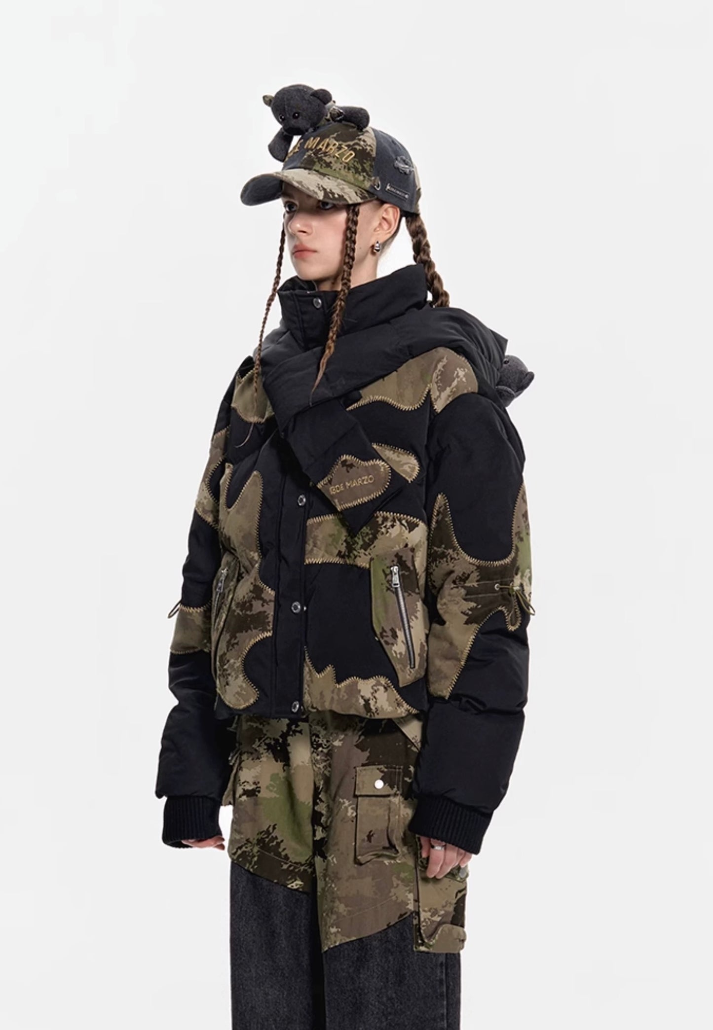 13DE MARZO Bear Camo Patch Down Jacket Black