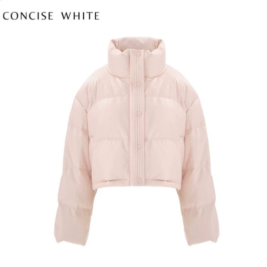 Concise-White PU Puff Cropped Jacket Baby Pink