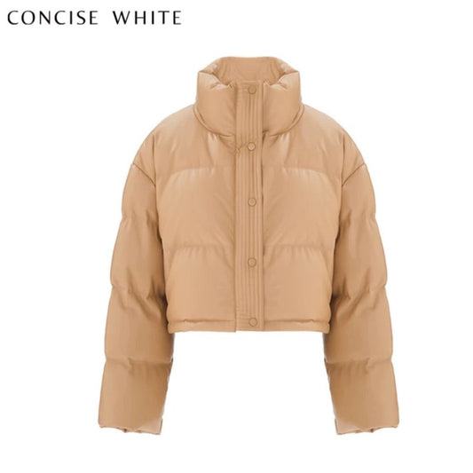 Concise-White PU Puff Cropped Jacket Khaki