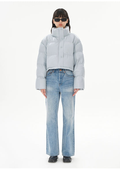 Concise-White PU Puff Cropped Jacket Baby Blue
