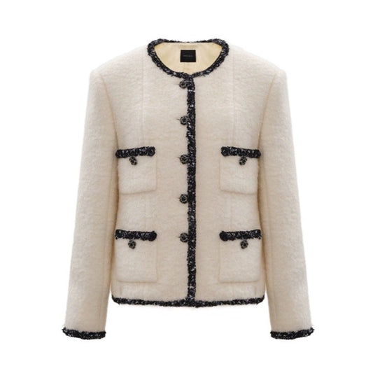 Concise-White Tweed Wool Short Jacket White