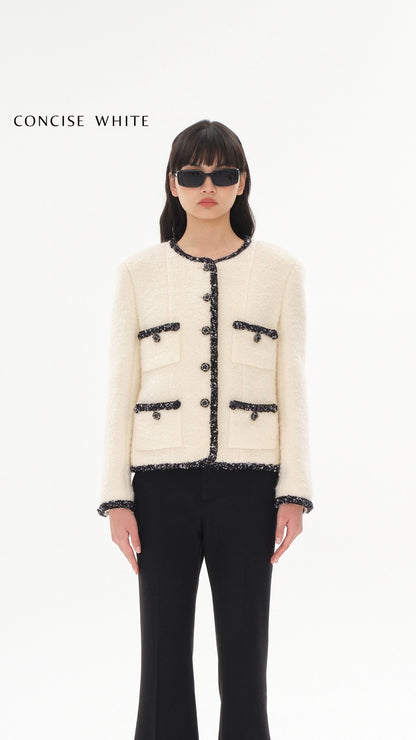 Concise-White Tweed Wool Short Jacket White