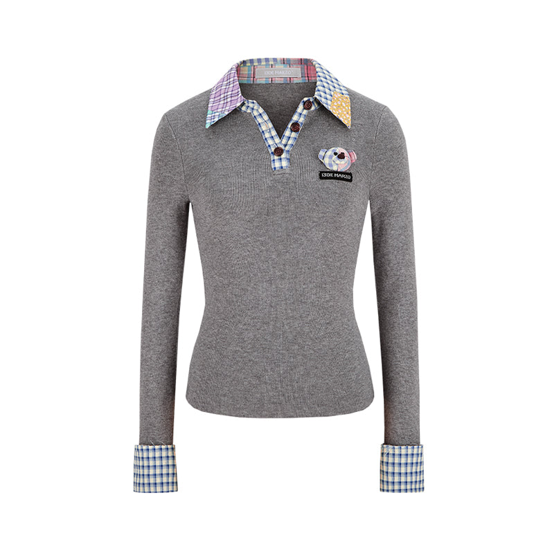13DE MARZO Plaid Cuff Knit Polo Top Gray