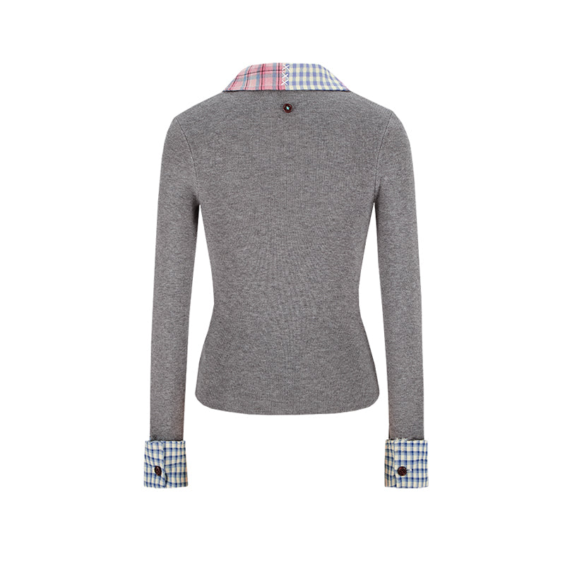 13DE MARZO Plaid Cuff Knit Polo Top Gray