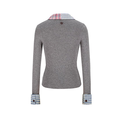 13DE MARZO Plaid Cuff Knit Polo Top Gray