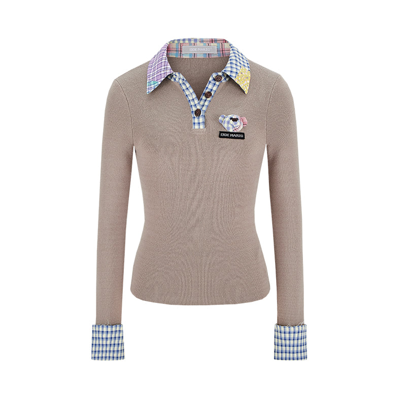 13DE MARZO Plaid Cuff Knit Polo Top Khaki