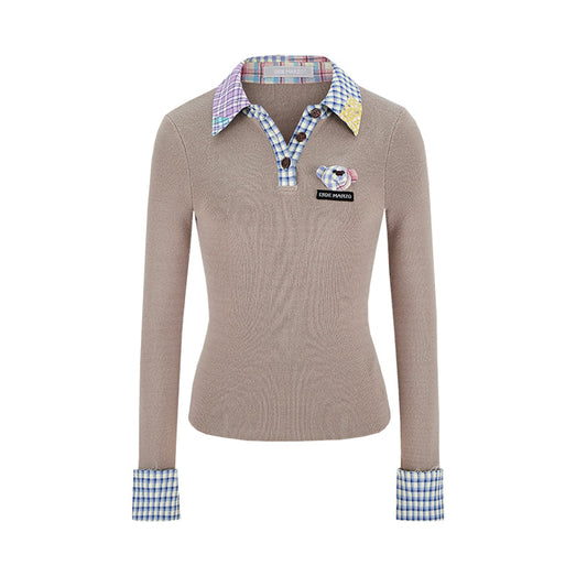 13DE MARZO Plaid Cuff Knit Polo Top Khaki