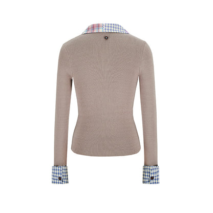 13DE MARZO Plaid Cuff Knit Polo Top Khaki