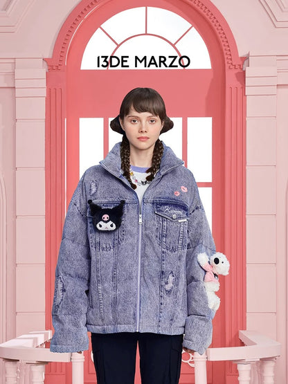 13DE MARZO Kuromi Bear Denim Down Jacket Navy Peony