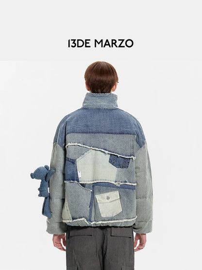 13DE MARZO Denim Patch Pockets Down Jacket Washed Blue